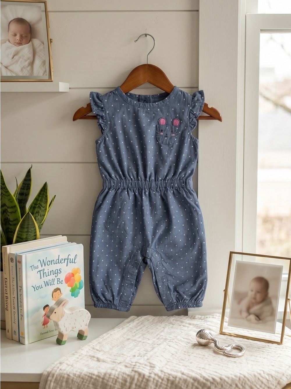 Gymboree Blue Polka Dot Ruffled Romper with Mouse Pocket